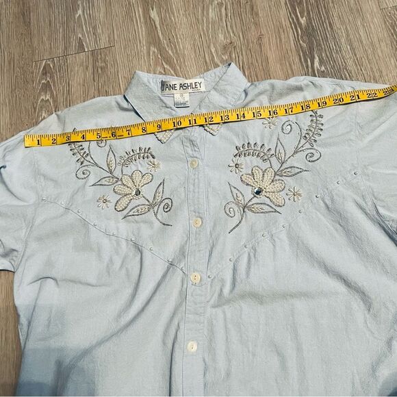 Vtg 80s Blue Button Down Pearl Floral Embellished Chambray Oversized Shirt 1X - Picture 14 of 16